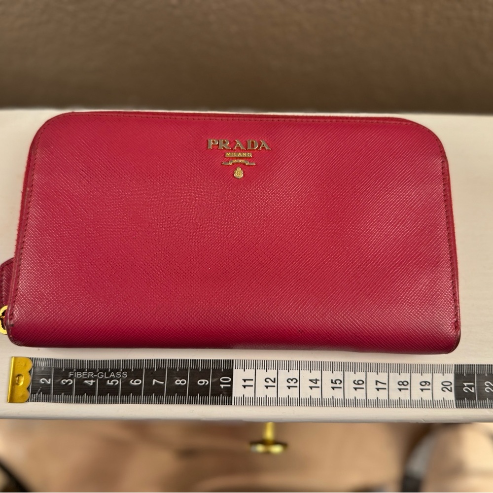 Prada Saffiano Leather Zip Wallet in Fuchsia with Gold Logo